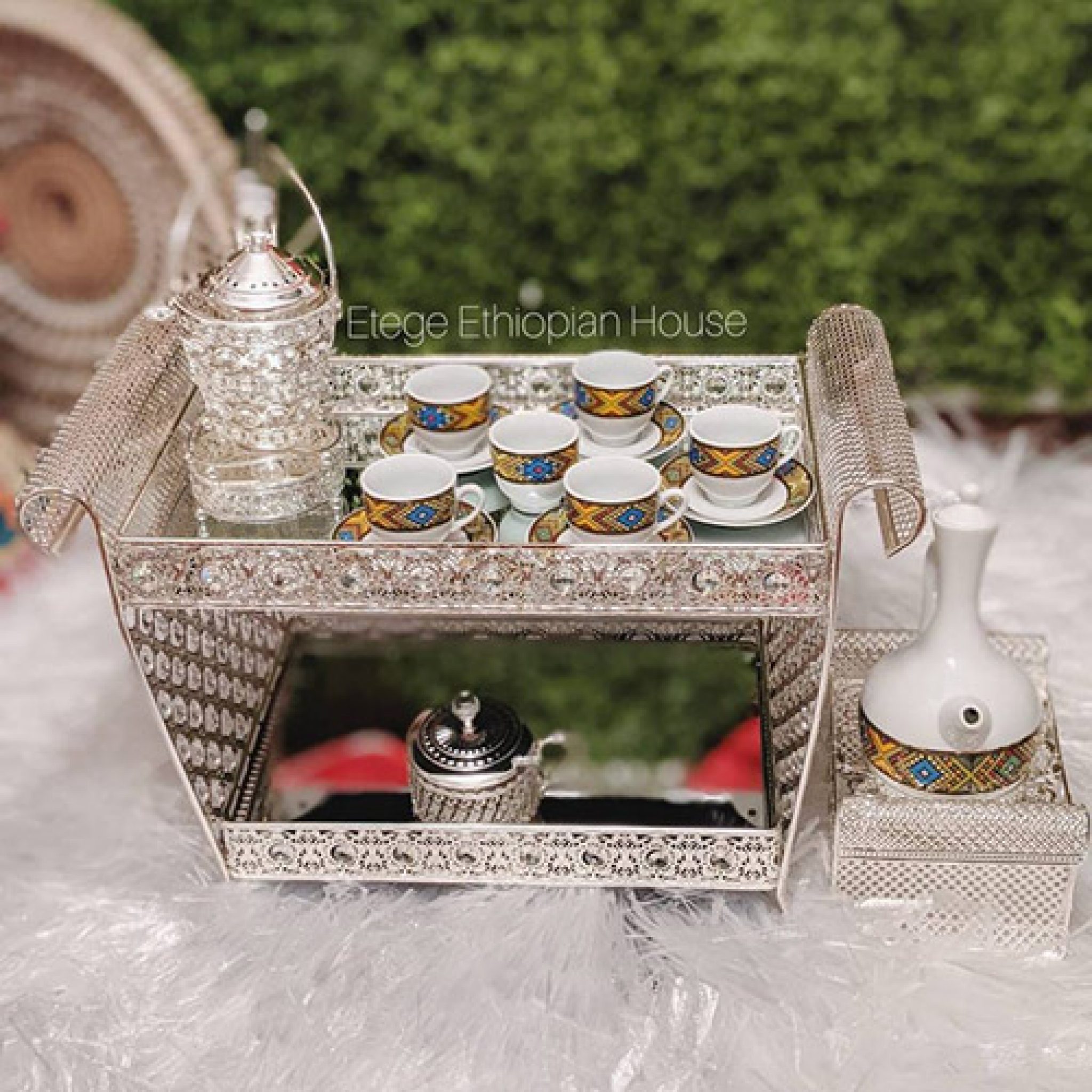 Large Ethiopian Eritrean Rekebot Cultural Coffee Table Set SILVER The