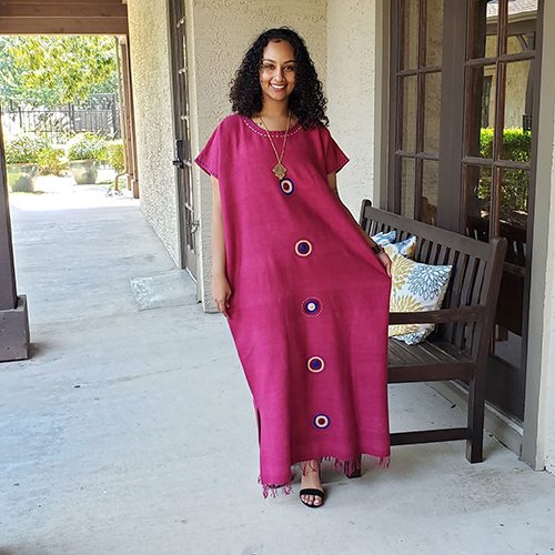 Size Medium/Large hand spun and woven organic cotton dress adorned with hand embroidered multi colored circles