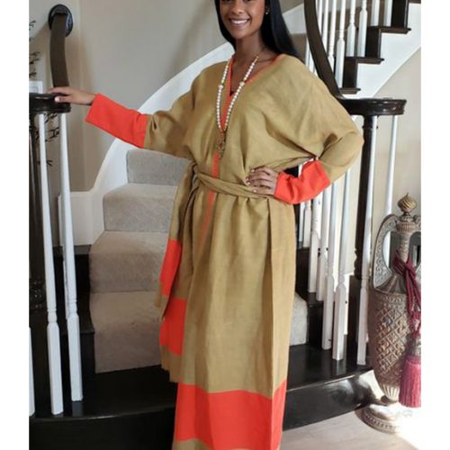 Shifta7 - DE84 Orange on Beige Ethiopian Cotton Maxi Dress